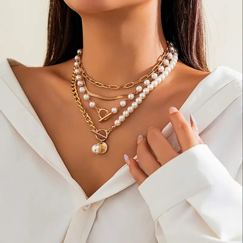 Vintage Perlen- & Goldschlangenkette Set | Gold