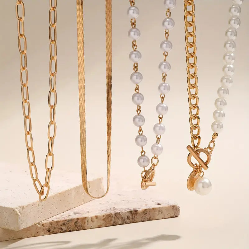 Vintage Perlen- & Goldschlangenkette Set | Gold