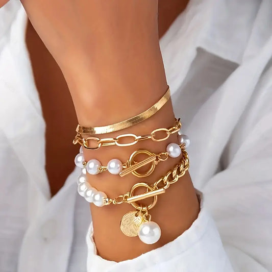 Elegantes 4-teiliges Armband-Set in Gold – Schlange, Perlen & Glieder | Gold