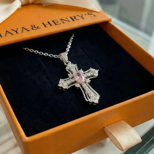 Halskette mit rosa Kreuz „Celestial“ | Weißgold