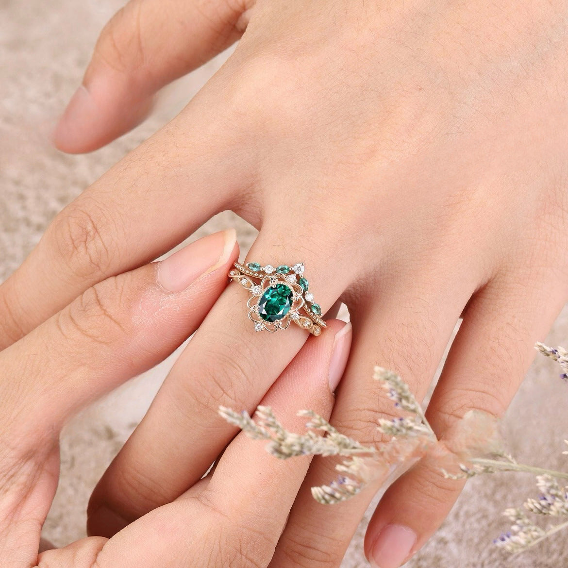 Aurelle Emerald Crown Ring Set | Roségold