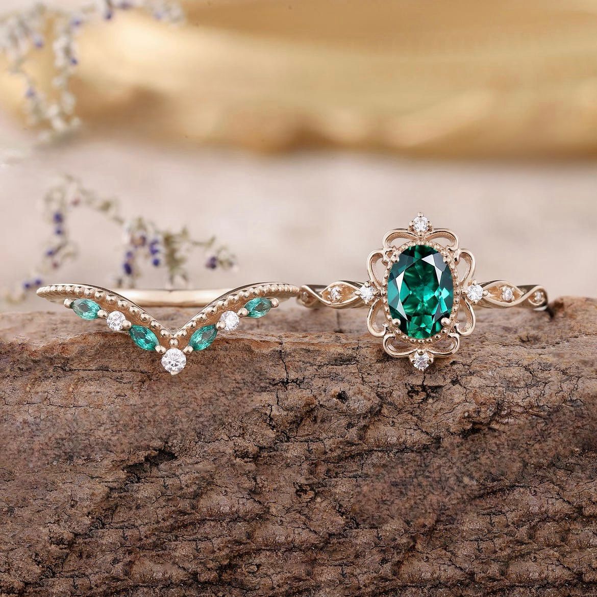 Aurelle Emerald Crown Ring Set | Roségold
