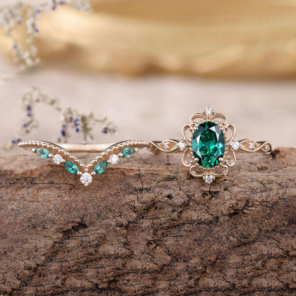 Aurelle Emerald Crown Ring Set | Roségold