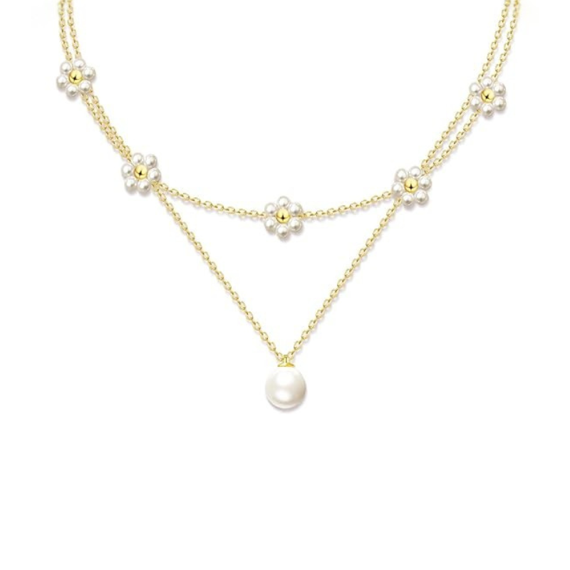 Mehrlagige Perlenkette mit Blumen-Anhänger | Gold