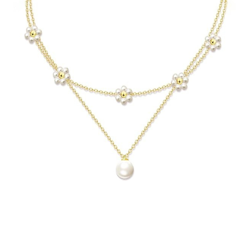 Mehrlagige Perlenkette mit Blumen-Anhänger | Gold