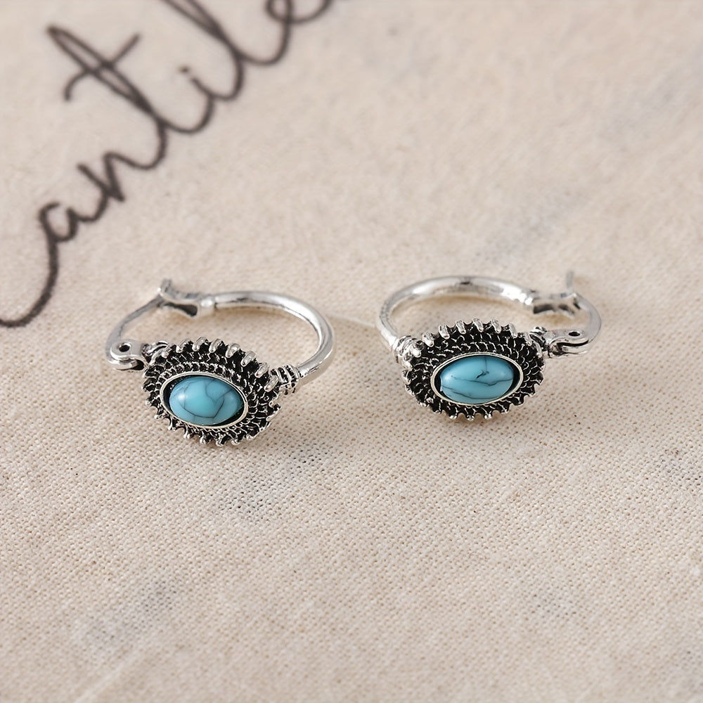 Turquoise Crest Hoop Earrings | White Gold