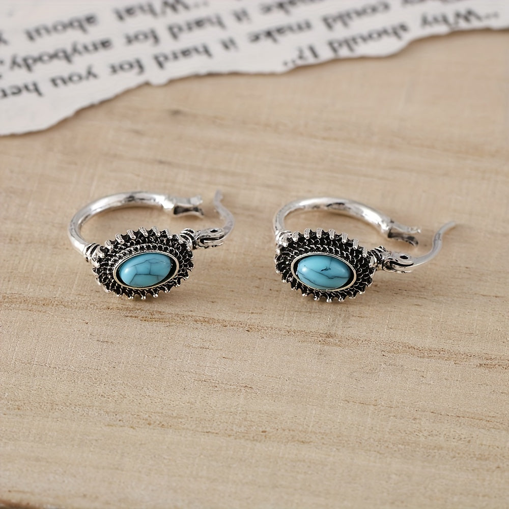 Turquoise Crest Hoop Earrings | White Gold
