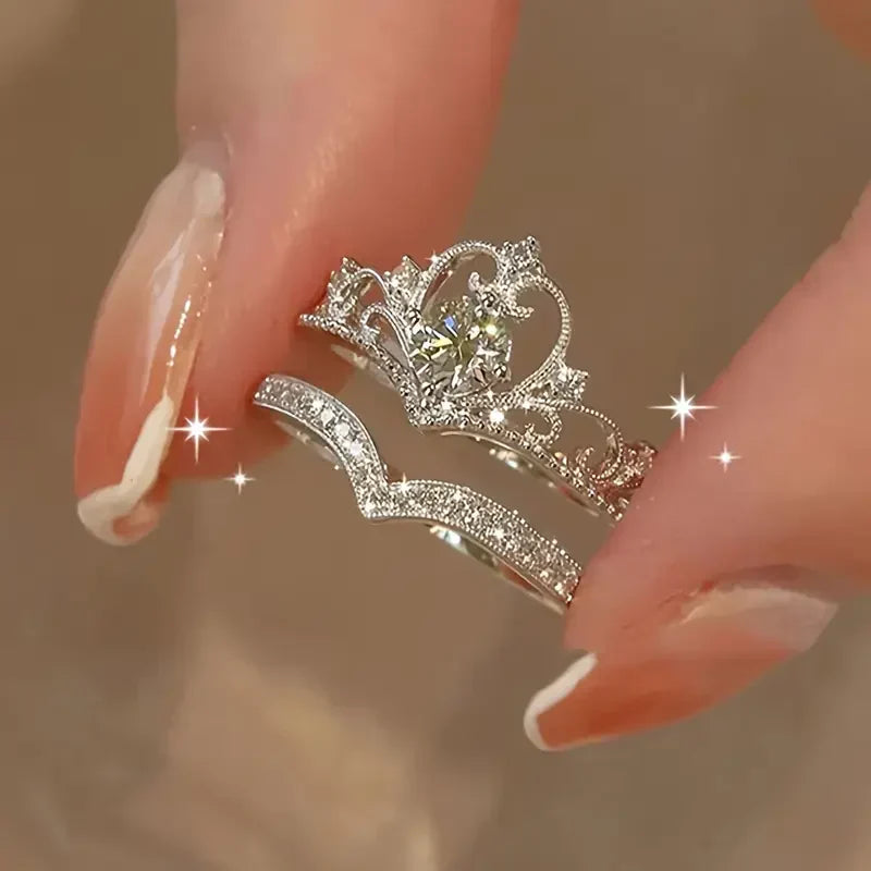 Shiny Crown Silberring-Set | Weißgold